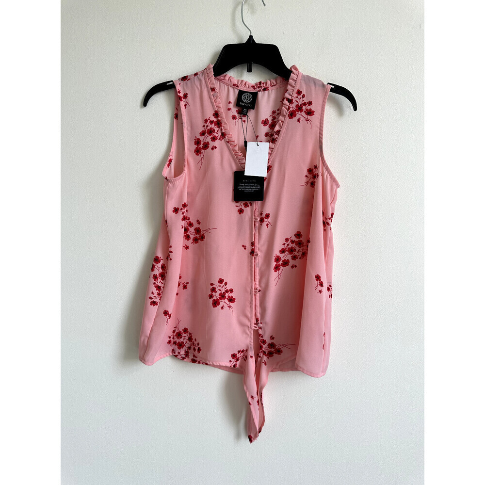 Bobeau women's Floral Ruffle Trim Tie Front Blouse Pink Size XS